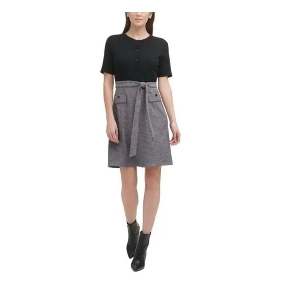 Dkny Women's Button Ribbed Above Knee Shirt Dress Elbow Sleeve Black Size Medium - Picture 1 of 4